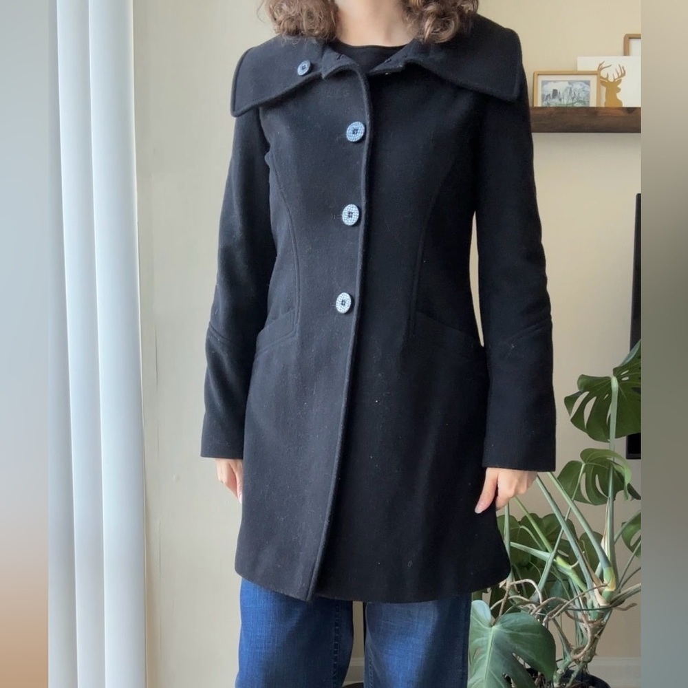 Via Spiga Black Button Down Overcoat with Wide Collar, Size 4